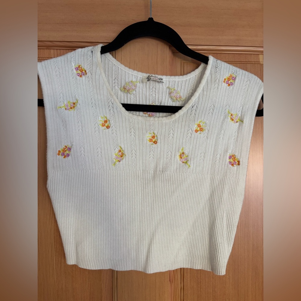 Free People Cream Floral Embroidered Crop Sweater Top